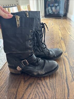Steve Madden Black Lace-Up Leather Combat Boots with Buckle